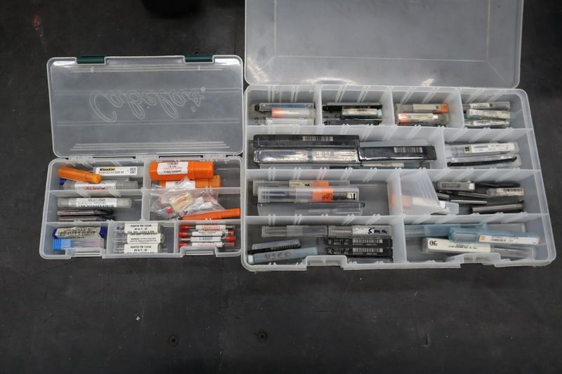Perishable Cutting Tools, Some Carbide: Taps, Drill, Milling Cutters in 2 Divider Boxes- Auction Item