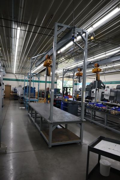 Overhead Hoist & Crane Specialists Heavy Duty Steel Mold Table with Overhead Hoist System, Harrington 2 Ton Electric Chain Hoist, I Beam, Trolley- Auction Item