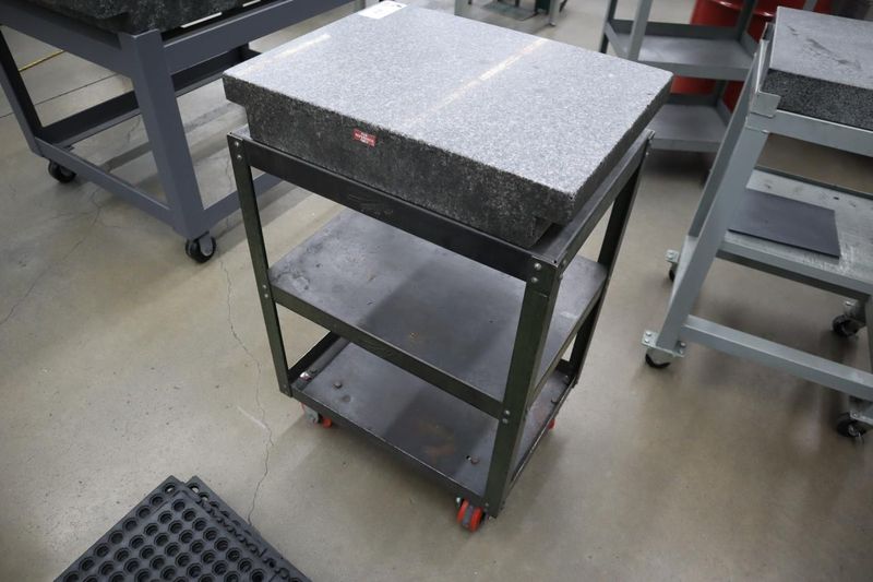 TruStone Grey Granite Surface Plate, 2-Ledge, Grade B w Portable Steel Stand, Lower Shelves, 24" x 18" x 4" - Auction Item
