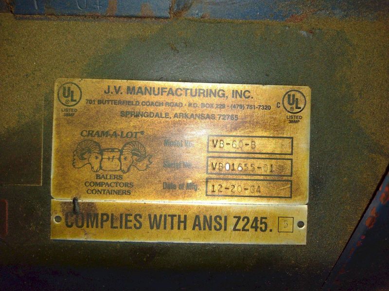 60" X 30" JV MANUFACTURING MODEL #VB60-B HYDRAULIC DOWNSTROKE VERTICAL CARDBOARD BALER: STOCK #2