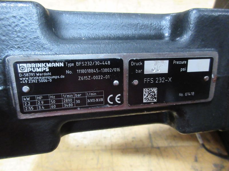 Brinkman Pumps BFS232/30+448, Makino Slim HP Through Spindle Coolant Pump, 500 PSI Max, ***Appears New***- Auction Item