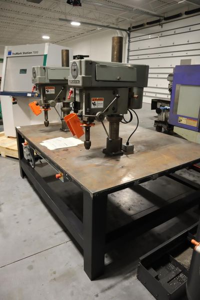 Clausing Model 2236 20" Drill Presses (2) on Steel Table, 2-Speed Motors, Hand Quill Feeds, Jacobs Drill Chucks, Safety Shields- Auction Item
