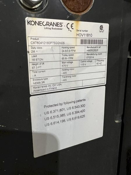 17.5 TON (2014) KONE-CRANES MODEL #CXT60410160P75GGN0S SINGLE GIRDER OVERHEAD CRANE HOIST & TROL