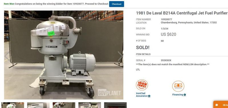 40 HP X 4,100 RPM DE-LAVAL MODEL #B214A CENTRIFUGAL PURIFIER & SEPERATOR: STOCK #20207