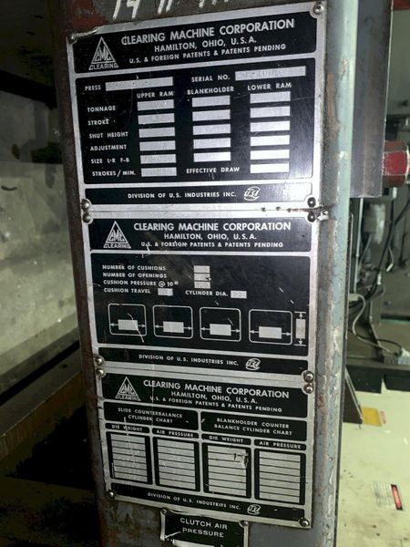 200 TON CLEARING MODEL S2-200-72-36 STRAIGHT SIDE SSDC STAMPING PRESS, 12" STROKE: STOCK #12979