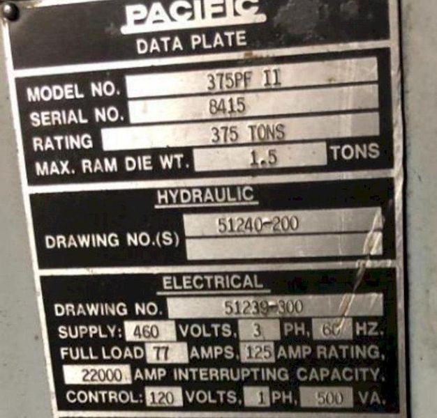 375 TON PACIFIC MODEL #375PF-II PRESSFORMER HYDRAULIC C-FRAME PRESS : STOCK #16259