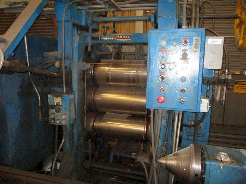 24" X 10" FARREL 4-ROLL "INVERTED L" RUBBER CALENDER ROLLING MILL WITH PAYOFF: STOCK #17226