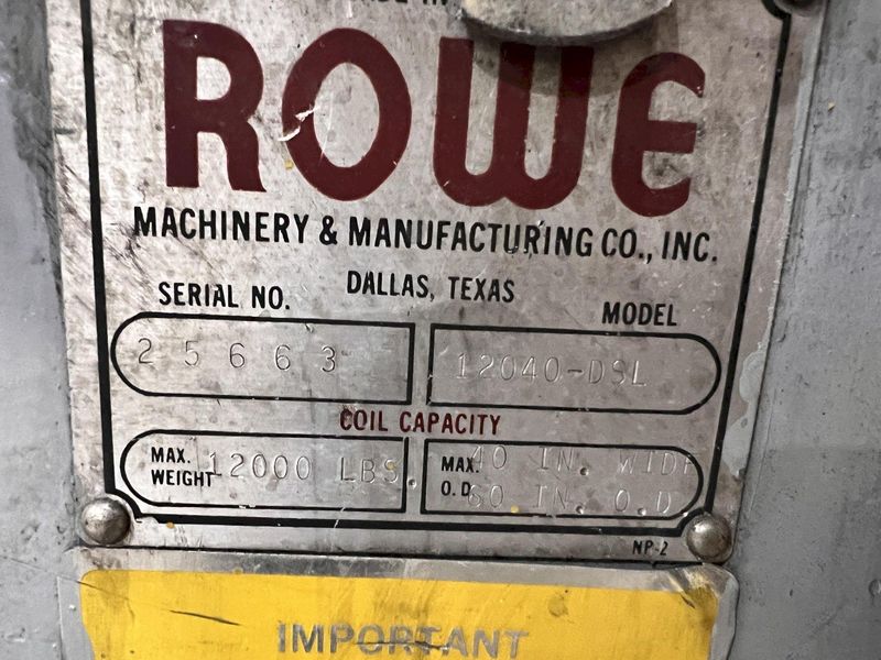 40" X 12,000 LBS X .110" ROWE COIL REEL, CAR, & STRAIGHTENER FEED LINE: STOCK #21627