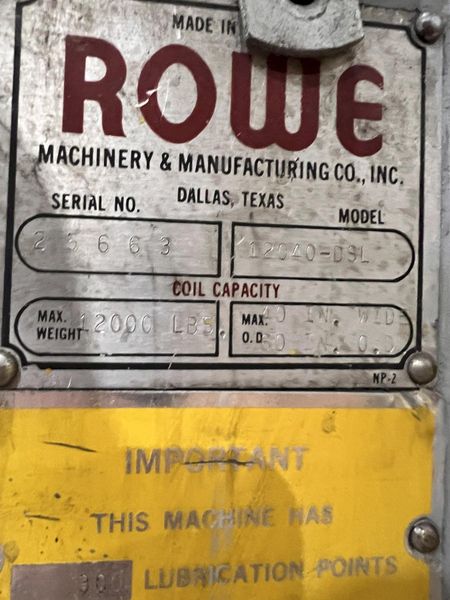 40" X 12,000 LBS X .110" ROWE COIL REEL, CAR, & STRAIGHTENER FEED LINE: STOCK #21627