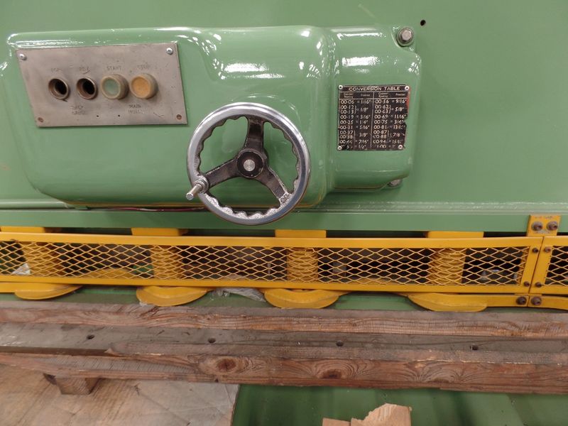 Specifications:  Capacity 10’ x ¼”(.250”) in mild steel Back Gauge  32” Main Motor  20 HP Dimensions  13’ L x 7’W x 6’H  Equipped with: Front operated back gauge 2 Spare blades