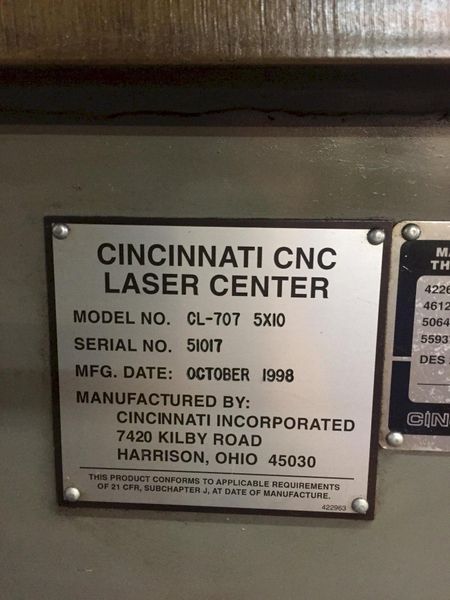 2500 WATT CINCINNATI #CL707 5X10 CNC SHEET LASER: STOCK #71526