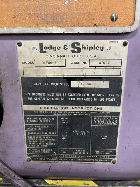40 "X 12 GA LODGE & SHIPLEY POWER SQUARING SHEAR: STOCK #73235