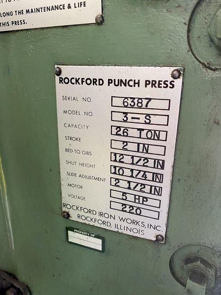 26 TON ROCKFORD MODEL #3-S VARIABLE SPEED OBI FLYWHEEL PRESS, 2" STROKE: STOCK #13778