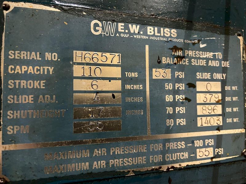 110 TON BLISS MODEL #C-110 OBI PRESS, 6" STROKE: STOCK #13582