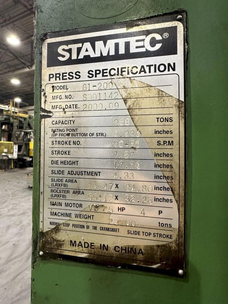 200 TON STAMTEC MODEL #G1-200 (NEW 2000) GAP FRAME PRESS, 7.87" STROKE: STOCK #20020