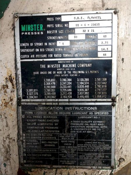 60 TON MINSTER MODEL #6 OBI FLYWHEEL PRESS, 5" STROKE: STOCK #12578