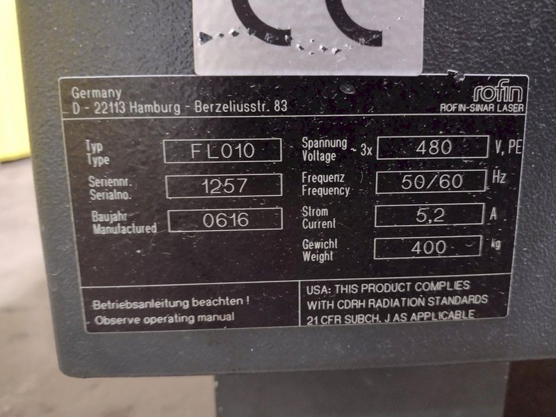 1000 WATT ROFIN MODEL #FL-010 FIBRE LASER MACHINE: STOCK #19372
