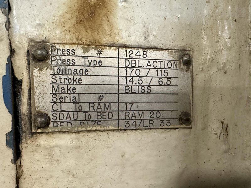 170/115 TON BLISS MODEL #4B DOUBLE ACTION TOGGLE PRESS: STOCK #20173