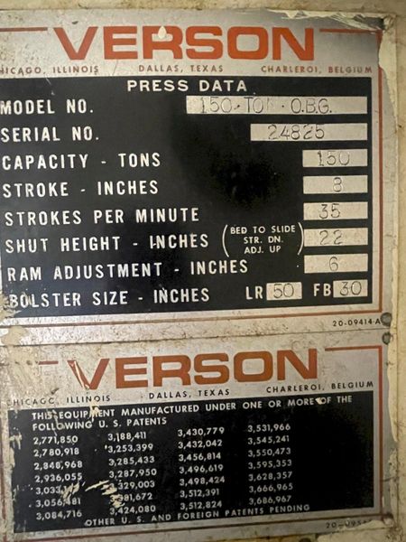150 ton Verson Single Crank Mechanical Metal Stamping Gap Frame Press For Sale, Model 150-OBG In