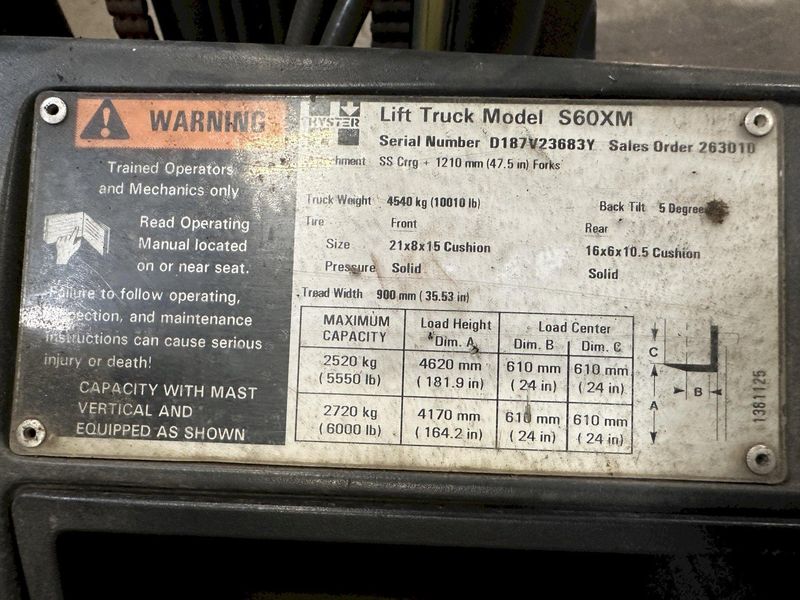 5550 LBS HYSTER MODEL #S60XM LP-GAS FORKLIFT: STOCK #18834