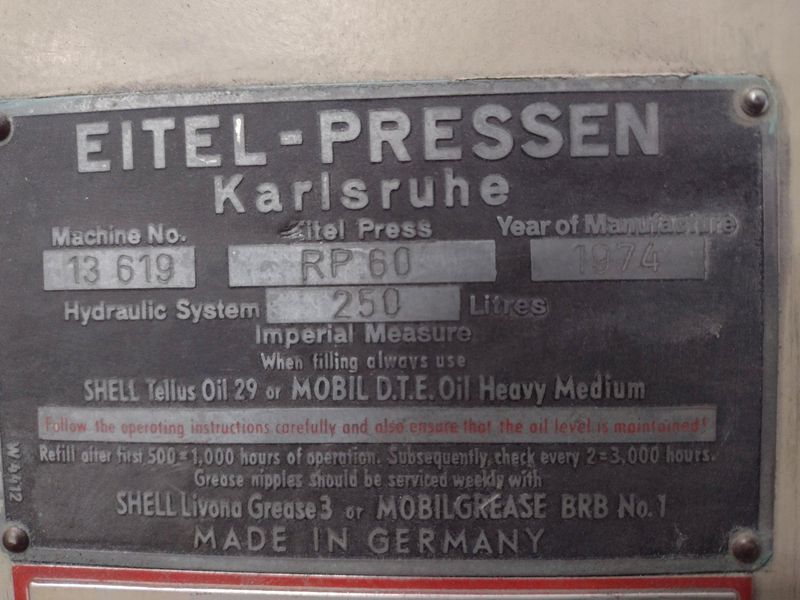 60 TON EITEL MODEL #RP60 HYDRAULIC PRECISION STRAIGHTENING PRESS, NEW 1974: STOCK 16013