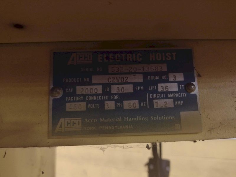 2000 LBS X 36' LIFT ACCO WRIGHT POWERED CABLE HOIST WITH POWERED TROLLEY : STOCK #14984