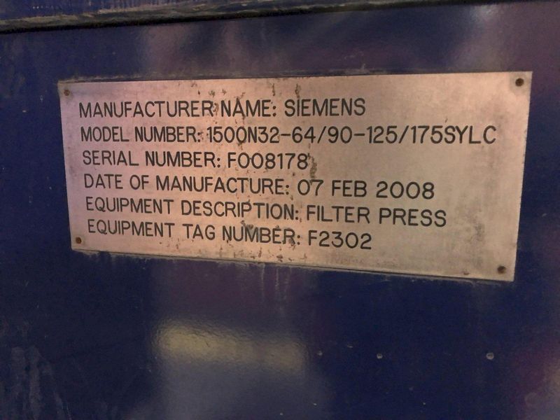 2008 Evoqua / Siemens 1500mm / 65 Plate Filter Press ||
 One Still Available