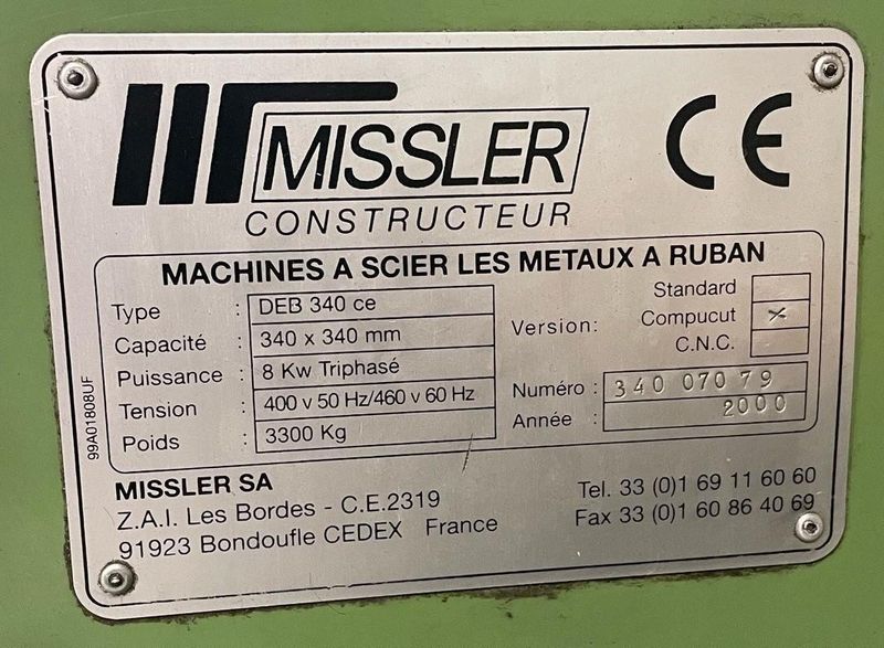 13.4" X 13.4" MISSLER MODEL #DEB-340-CE AUTOMATIC HORIZONTAL BANDSAW, NEW 2000: STOCK #19627
