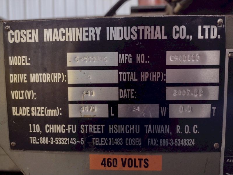 13" x 20" COSEN MODEL #C500MNC FULLY PROGRAMMABLE AUTOMATIC MITER HORIZONTAL BANDSAW: STOCK #187