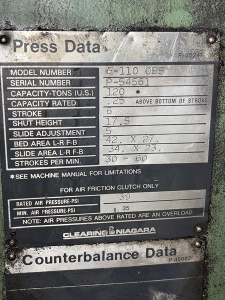 120 TON CLEARING-NIAGARA (NEW 1999) MODEL #E-110 OBS GAP FRAME PRESS, 6" STROKE: STOCK #20010
