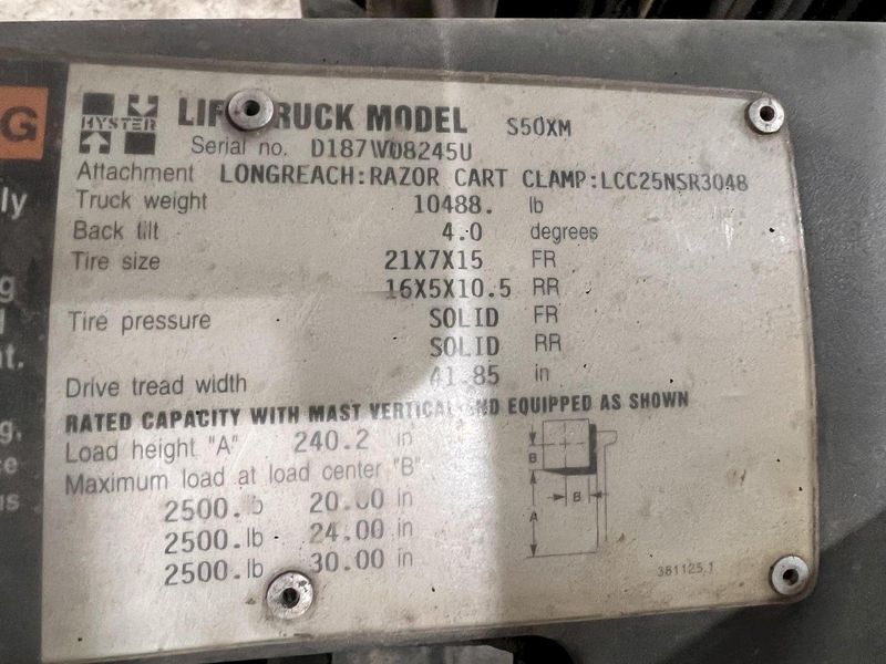 5000 LBS HYSTER MODEL #S50XM LP GAS FORKLIFT: STOCK #22362