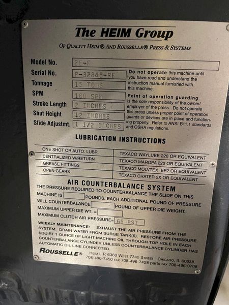 15 TON ROUSSELLE OBI FLYWHEEL PRESS: STOCK #77635