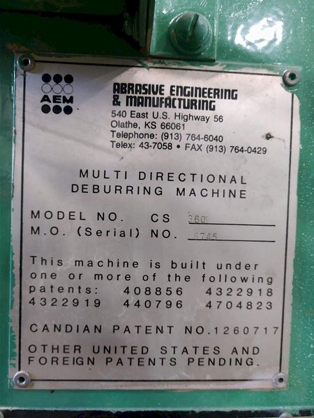 36" AEM MODEL CS360 SINGLE HEAD MULTI-DIRECTIONAL BELT GRINDER DEBURRING FINISHER: STOCK 11089