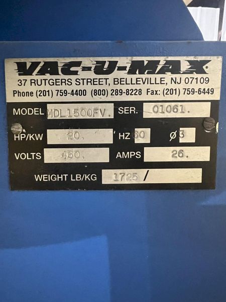 20 HP VAC-U-MAX MODEL #1500FV PORTABLE VACUUM DUST COLLECTOR: STOCK #20581