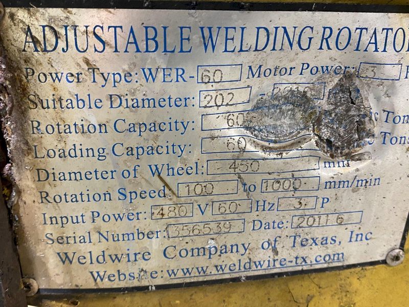 60 TON WELDWIRE MODEL #WER-60  POWERED TANK TURNING ROLLS WITH IDLER: STOCK #16907