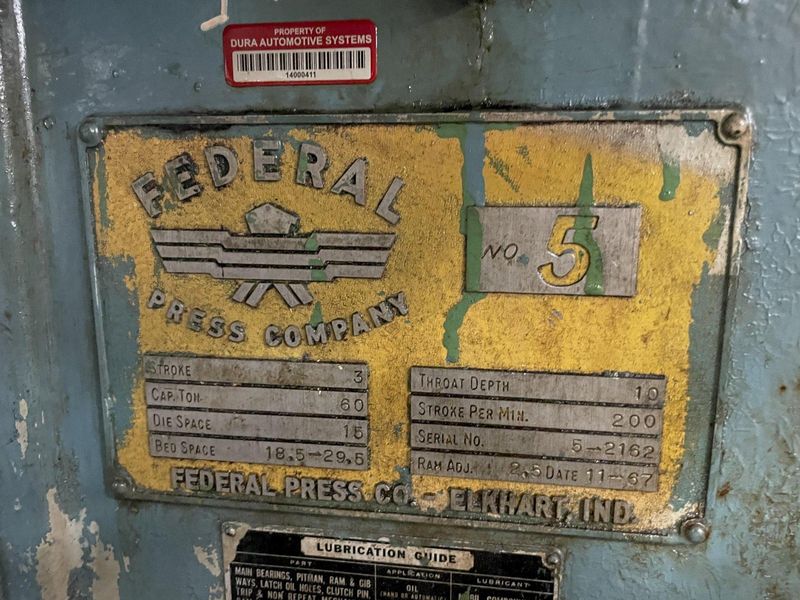 60 TON FEDERAL MODEL #5 OBI PRESS, 3" STROKE: STOCK #15352