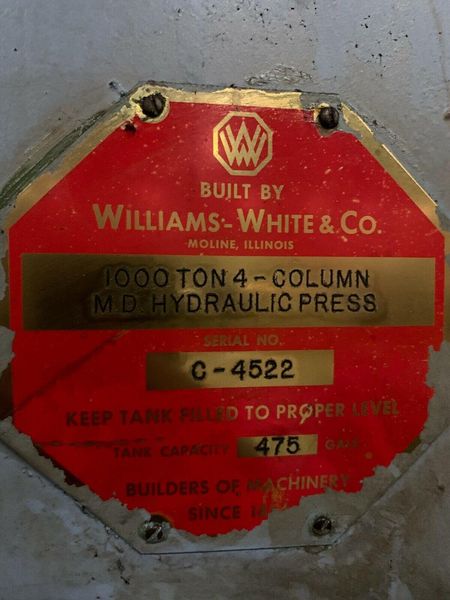 1000 TON WILLIAMS & WHITE HYDRAULIC 4-POST PRESS: STOCK #18310