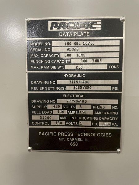 300 TON PACIFIC (NEW 2017) MODEL #300-OBL-10/60 STRAIGHT SIDE HYDRAULIC PRESS, 12" STROKE: STOCK