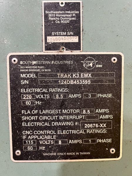 3 HP TRAK MODEL #K3 EMX VERTICAL CNC MILL, MISSING CONTROL: STOCK #23065
