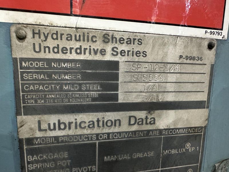 12' X 1/4" NIAGARA MODEL #SP-12-1/4 HYDRAULIC SHEAR: STOCK #22385