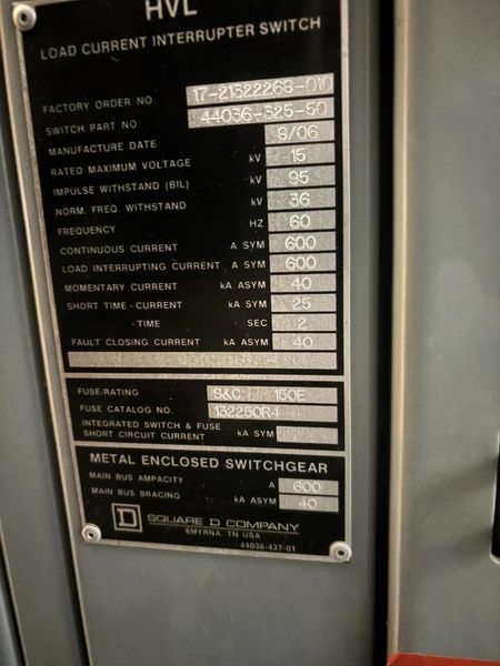 15kv Square D Hvl Load Current Interrupter Switch 600 Amp Fusable