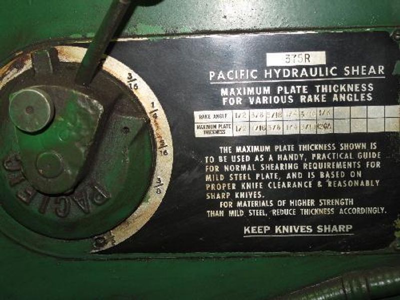 16' X 3/8' PACIFIC HYDRAULIC PLATE SQUARING SHEAR: STOCK 58243