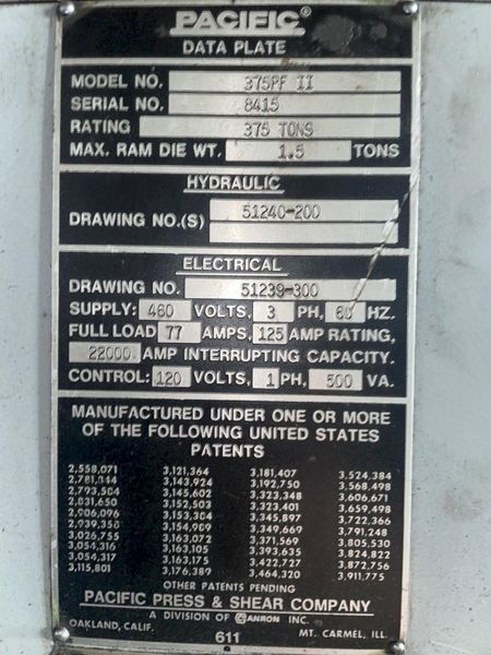 375 TON PACIFIC MODEL #375PF-II PRESSFORMER HYDRAULIC C-FRAME PRESS : STOCK #16259