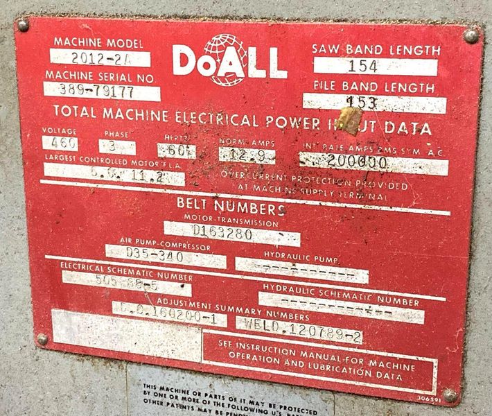 20” DOALL MODEL #2012-2A VERTICAL BANDSAW: STOCK #78601
