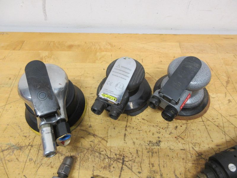 Pneumatic Power Tools, (3) 4.5" Palm Sanders, (4) 90 Deg Die Grinders, (3) Straight Die Grinders, (1) Drill with 3/8" Keyed Chuck- Auction Item