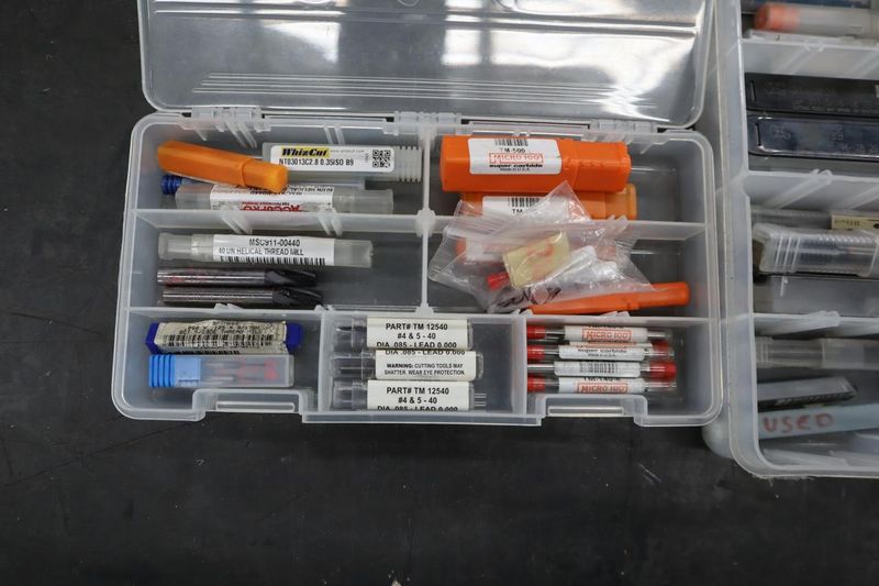 Perishable Cutting Tools, Some Carbide: Taps, Drill, Milling Cutters in 2 Divider Boxes- Auction Item