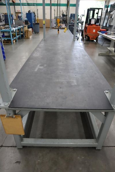 Heavy Duty Steel Mold Table with Overhead Hoist System, Harrington 3 Ton and 2Ton Electric Chain Hoists, I Beam, Trolleys- Auction Item