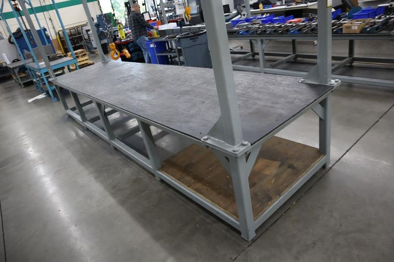 Overhead Hoist & Crane Specialists Heavy Duty Steel Mold Table with Overhead Hoist System, Harrington 2 Ton Electric Chain Hoist, I Beam, Trolley- Auction Item