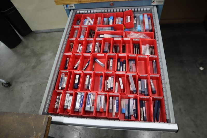 Lista Cabinet Base Work Bench, Maple Top, 9 Drawers - Contents: Assorted Milling Cutters - Some Carbide- Auction Item