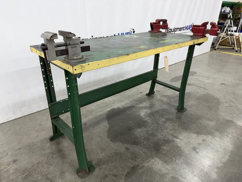 3′ x 6′ Steel Work Table w/ (2) 3.5″ Columbian & (1) Americana A4-1/2 Vises